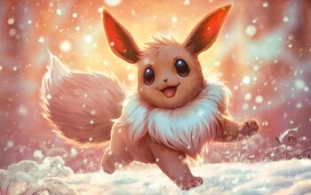 animal_focus brown_eyes devin_elle_kurtz eevee full_body gen_1_pokemon nintendo no_humans open_mouth pokemon pokemon_(creature) pokemon_focus pokemon_tcg second-party_source smile snow snowing solo
