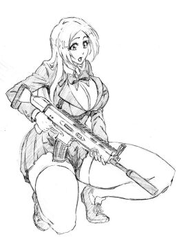 1girl assault_rifle bleach bow bowtie breasts fn_scar grey_bow grey_bowtie grey_jacket grey_shoes grey_skirt gun holding holding_gun holding_weapon inoue_orihime jacket karakura_high_school_uniform kneeling large_breasts long_hair monochrome open_mouth parted_bangs pleated_skirt rakusakugk rifle shirt shoes skirt solo suppressor thick_thighs thighhighs thighs weapon white_shirt white_thighhighs