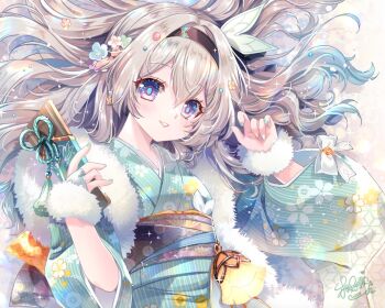 1girl black_hairband breasts commentary_request firefly_(honkai:_star_rail) green_kimono grey_hair hairband honkai:_star_rail honkai_(series) japanese_clothes kimono long_hair new_year parted_lips purple_eyes sakurano_ru smile solo upper_body