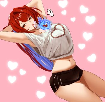 1girl ? absurdres armpits arms_behind_head arms_up black_shoes blue_fire blue_hair breasts colored_inner_hair commentary elizabeth_rose_bloodflame fire fire_on_chest hair_tie_in_mouth heart heart_background heart_print highres hololive hololive_english large_breasts long_hair looking_at_viewer miniskirt mouth_hold multicolored_hair navel pink_background red_eyes red_hair redi_(rasec_asdjh) shirt shoes short_shorts shorts skirt solo spoken_question_mark t-shirt very_long_hair virtual_youtuber white_shirt