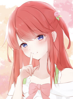 1girl absurdres bare_shoulders blue_eyes blush bow collarbone dress finger_to_mouth flower hair_flower hair_ornament hand_up head_tilt highres index_finger_raised long_hair looking_at_viewer off-shoulder_dress off-shoulder_shirt off_shoulder one_side_up pink_bow pink_flower rain_re_a re:zero_kara_hajimeru_isekai_seikatsu red_bow red_hair shirt shushing smile solo theresia_van_astrea upper_body