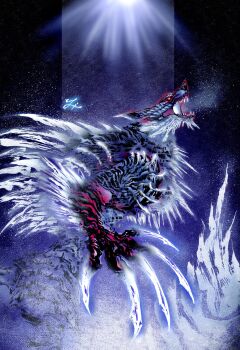 absurdres aurora_somnacanth_(monster_hunter) breath breath_weapon breathing_ice claws deadpool_yuchan frost highres ice looking_at_viewer lunagaron monster monster_focus monster_hunter_(series) monster_hunter_rise moonlight no_humans open_mouth red_eyes scales sharp_teeth signature snout spikes tail teeth