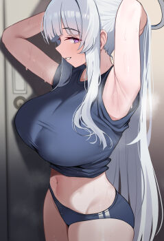 Rule 34 | 1girl, absurdres, armpits, arms behind head, arms up, black buruma, black shirt, blue archive, blue buruma, blunt bangs, blush, breasts, buruma, clothes lift, commentary, dush 1154, fan request, from side, grey hair, halo, highres, huge breasts, indoors, locker, locker room, long hair, looking at viewer, midriff, navel, noa (blue archive), ponytail, purple eyes, shirt, shirt lift, sidelocks, sideways glance, smile, solo, stomach, sweat, textless version, thighs, very long hair, very sweaty, white hair