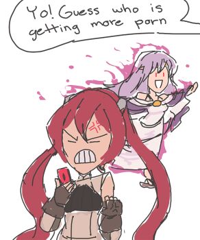 anger_vein circlet closed_eyes davewaterfalls dress fire_emblem fire_emblem:_genealogy_of_the_holy_war fire_emblem_awakening fire_emblem_heroes julia_(fire_emblem) nintendo official_alternate_costume purple_eyes purple_hair red_hair severa_(fire_emblem) simple_background sketch speech_bubble twintails