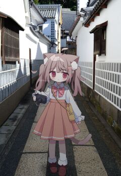 1girl ahoge animal_ear_fluff animal_ears bag bow brown_hair camera cat_ears cat_girl cat_tail cherry_hair_ornament closed_mouth collared_shirt commentary food-themed_hair_ornament hair_ornament highres holding holding_camera long_sleeves nakkar original outdoors photo_background plaid_bow pleated_skirt puffy_long_sleeves puffy_sleeves shirt shoes shoulder_bag skirt sleeves_past_wrists socks solo symbol-only_commentary tail white_shirt white_socks