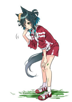 1girl absurdres animal_ears blush bow closed_mouth ear_bow ears_through_headwear grass green_eyes green_hair hair_between_eyes hat highres horse_ears horse_girl horse_tail jacket kiseki_(umamusume) medium_hair morizu929 multicolored_hair red_jacket red_shorts shoes shorts socks solo sweat tail tracen_training_uniform track_jacket umamusume white_socks white_streaks yellow_beret