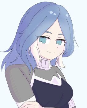 Rule 34 | 1girl, aqua eyes, blue background, blue hair, blue vest, bodysuit, commentary, gorget, grey bodysuit, highres, inazuma eleven, inazuma eleven (series), long hair, looking at viewer, multicolored hair, no pupils, rrkh66, two-tone hair, urubida, vest, white background, white hair