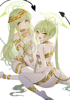 2girls absurdres ass bandages barefoot between_legs black_tail blue_archive blush breasts caution_tape closed_mouth demon_horns demon_tail from_behind green_hair green_halo hair_over_shoulder halo hand_between_legs highres hikari_(blue_archive) horns loli long_hair long_sidelocks looking_at_viewer looking_back looking_to_the_side multiple_girls naked_bandage no_shoes nozomi_(blue_archive) pointy_ears reiami roll_of_tape siblings sidelighting sidelocks simple_background sisters sitting small_breasts sweatdrop tail tail_raised torn twins twintails v-shaped_eyebrows variant_set very_long_hair wariza white_background yellow_eyes