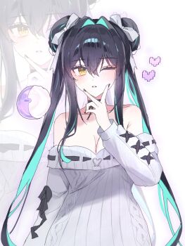 1girl aqua_hair breasts cleavage double_bun goddess_of_victory:_nikke hair_bun hashtag-only_commentary heart highres little_mermaid_(nikke) long_hair off_shoulder official_alternate_costume official_alternate_hairstyle one_eye_closed pixel_heart ribbcott solo upper_body very_long_hair