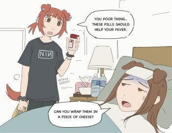 2girls animal_ears band_shirt bed bedroom blanket blunt_bangs bottle bowl brown_eyes brown_hair commentary dog_ears dog_girl dog_tail ear_piercing english_commentary english_text extra_ears fever half-closed_eyes highres hitsuji_(hitsujigoods) indoors lamp long_hair looking_to_the_side merchandise mitsu_(hitsujigoods) multiple_girls nine_inch_nails open_mouth orange_hair piercing pill_bottle pillow ponytail scrunchie shirt short_ponytail sick sweat t-shirt tail tissue_box towel towel_on_head under_covers vivi_(hitsujigoods) water_bottle wrist_scrunchie