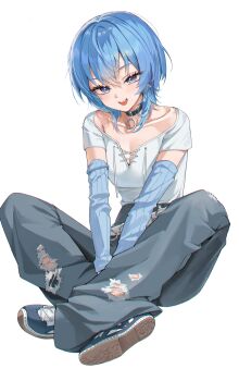 1girl absurdres alternate_costume alternate_hairstyle arm_warmers baggy_pants between_legs black_choker blue_eyes blue_hair blue_shoes choker collarbone full_body gakincho02 hair_between_eyes hand_between_legs hashtag-only_commentary highres hololive hoshimachi_suisei indian_style looking_at_viewer medium_hair open_mouth pants shirt shoes simple_background sitting sleeves_past_wrists smile solo teeth torn_clothes torn_pants upper_teeth_only virtual_youtuber white_background white_shirt