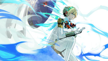 1girl absurdres aigis_(persona) android athena_(persona) blonde_hair blue_eyes blue_fire bow commentary dekhudwad fire gold_hairband hair_between_eyes hairband highres joints kneeling looking_ahead mechanical_arms mechanical_legs on_one_knee open_hand parted_lips persona persona_(summon) persona_3 red_bow robot_ears robot_joints shield short_hair white_background