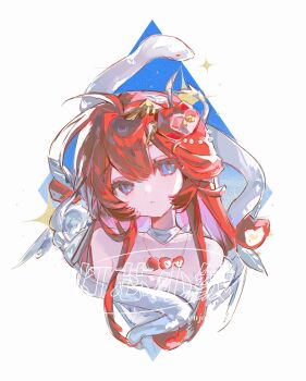 1girl ahoge animal apple apple_hair_ornament blush colored_inner_hair commission dengxin_xiao_rong eyelashes food food-themed_hair_ornament fruit fruit_hair_ornament gem hair_between_eyes hair_ornament highres jewelry long_hair looking_to_the_side mihuashi_commission multicolored_hair necklace original parted_lips pearl_(gemstone) pearl_hair_ornament portrait red_hair sidelocks snake solo star_(symbol) watermark white_background white_snake