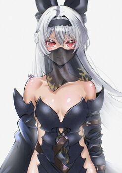 1girl absurdres armor artist_name bare_shoulders black_bow black_headband black_sleeves bow breasts collarbone detached_sleeves fukou girls&#039;_frontline grey_hair hair_bow headband highres long_hair looking_at_viewer mouth_veil official_alternate_costume parted_lips red_eyes see-through_clothes see-through_veil small_breasts solo tokarev_(girls&#039;_frontline) tokarev_(griffin&#039;s_dancer)_(girls&#039;_frontline) upper_body veil