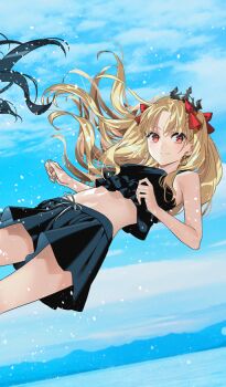 2girls bikini black_bikini black_shirt black_shorts blonde_hair blue_background bow closed_mouth commentary_request crop_top crown earrings ereshkigal_(fate) ereshkigal_(over_the_same_sky)_(fate) fate/grand_order fate_(series) game_cg hair_bow ishtar_(fate) jewelry long_hair morii_shizuki multiple_girls official_art photo_background red_bow red_eyes shirt shorts smile solo_focus swimsuit third-party_source two_side_up