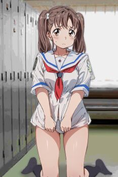 1girl black_socks brown_eyes brown_hair clothes_pull commentary_request high_school_fleet highres kneeling locker locker_room neckerchief no_pants panties red_neckerchief sailor_collar sailor_shirt school_uniform serafuku shiretoko_rin shirt shirt_pull socks solo tamura_ten translation_request twintails underwear white_panties white_sailor_collar white_shirt yokosuka_girls_marine_high_school_uniform