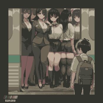 1boy 6+girls age_difference ai-assisted backpack bag bare_legs black_border border bow bowtie breasts commentary highres kneehighs large_breasts multiple_girls office_lady onee-shota original pants pixel_art pleated_skirt shota skirt socks specialhanako thighhighs train you_gonna_get_raped zettai_ryouiki