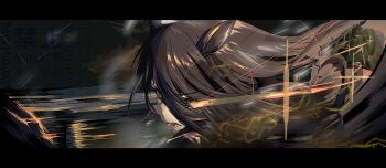 1girl absurdres ahoge animal_ears black_coat black_gloves black_hair coat eye_trail gloves hair_between_eyes highres horse_ears horse_girl incredibly_absurdres kanran_(k_han_ran) light_trail long_bangs long_hair long_hair_between_eyes manhattan_cafe_(creeping_shadow)_(umamusume) manhattan_cafe_(umamusume) motion_blur multicolored_hair open_mouth running solo teeth umamusume white_hair yellow_eyes