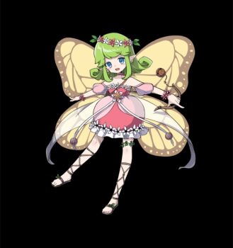 1boy bare_shoulders black_background blue_eyes blush bow_(weapon) breasts chic_(merc_storia) dress fairy flower_wristband full_body green_hair grey_sandals head_wreath holding holding_bow_(weapon) holding_weapon insect_wings leaf long_sidelocks merc_storia merc_storia_art_team off-shoulder_dress off_shoulder official_art open_mouth outstretched_arms pink_dress pointy_ears puffy_short_sleeves puffy_sleeves sandals short_sleeves sidelocks simple_background small_breasts solo spread_arms standing tachi-e teeth upper_teeth_only weapon wings