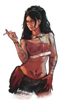 1girl absurdres arm_tattoo artist_name bare_arms belt black-framed_eyewear black_belt black_eyes black_hair black_shorts cigarette crop_top cropped_legs dated devil_may_cry_(series) devil_may_cry_5 glasses hand_on_own_hip highres holding holding_cigarette hua_ha_jiazi long_bangs long_hair looking_to_the_side midriff navel nico_(devil_may_cry) nose orange_shirt parted_lips shirt shorts sleeveless sleeveless_shirt smoking solo standing stomach_tattoo tattoo white_background