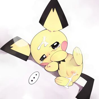 ... absurdres aftersex black_eyes blush blush_stickers cum cum_in_pussy gen_2_pokemon half-closed_eyes highres lying nintendo no_humans pichu pokemon pokemon_(creature) pussy solo spoken_ellipsis white_background youjo_modoki