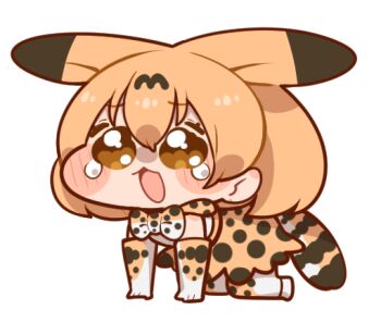 1girl animal_ears bow bowtie brown_eyes brown_hair cat_ears cat_girl cat_tail chibi elbow_gloves extra_ears full_body gloves kemono_friends looking_at_viewer meme notora parody serval_(kemono_friends) shirt shoes short_hair simple_background skirt sleeveless sleeveless_shirt solo speakiposting_(meme) tail tears thighhighs trickcal