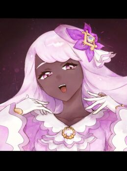 Rule 34 | 1girl, :d, asuka rkgk, collarbone, commentary request, dark-skinned female, dark skin, eyelashes, gloves, hands up, happy, jacinthe (pokemon), jewelry, letterboxed, nintendo, open mouth, pokemon, pokemon legends: z-a, purple eyes, ring, smile, solo, teeth, tilted headwear, tongue, upper body, upper teeth only, white gloves