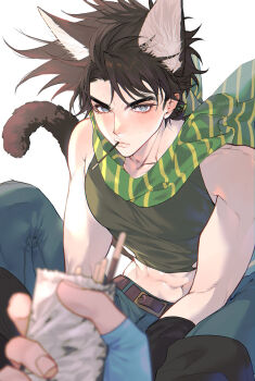 Rule 34 | 2boys, abs, animal ears, battle tendency, belt, belt buckle, black gloves, blue eyes, blue gloves, blue pants, blush, brown belt, brown hair, buckle, caesar anthonio zeppeli, cat boy, cat ears, cat tail, commentary request, fingerless gloves, food, food in mouth, furrowed brow, gloves, green scarf, green tank top, highres, jojo no kimyou na bouken, joseph joestar, joseph joestar (young), kemonomimi mode, looking at viewer, male focus, midriff, mouth hold, multiple boys, pants, pocky, pocky in mouth, pov, pov hands, scarf, short hair, simple background, sitting, sleeveless, striped clothes, striped scarf, sweat, tail, tank top, toned, toned male, white background, yaoi, zxor1q0