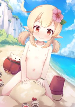 1girl absurdres beach belly blonde_hair blush bracelet bucket building_sand_sculpture casual_nudity collarbone commentary_request completely_nude convenient_censoring day female_focus flat_chest flower genshin_impact hair_flower hair_ornament highres jewelry klee_(genshin_impact) kneeling loli navel nipples nude nudist nyxerebos outdoors pink_flower playing pointy_ears red_eyes sand sand_sculpture sidelocks solo stomach swimsuit thighs water