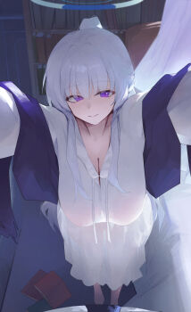 1boy 1girl absurdres blue_archive book bookshelf breasts cleavage closed_mouth commentary dokshuri dress frilled_pajamas frills halo highres incoming_hug indoors large_breasts long_hair looking_at_viewer mechanical_halo noa_(blue_archive) noa_(pajamas)_(blue_archive) official_alternate_costume official_alternate_hairstyle pajamas ponytail pov purple_shawl see-through_silhouette shawl smile too_many too_many_books very_long_hair white_dress white_hair white_halo white_pajamas