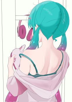 Rule 34 | 1girl, aqua bra, aqua hair, back, bra, commentary request, fortnite, futatunoniji, hat, hatsune miku, headphones, highres, holding, holding unworn clothes, holding unworn hat, hood, hoodie, long hair, looking back, multicolored hair, neko hatsune miku, pink hair, pink hoodie, solo, twintails, underwear, undressing, unworn hat, unworn headwear, vocaloid