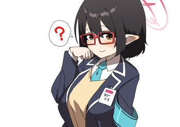 1girl ? armband ayane_(blue_archive) black_hair black_jacket blazer blue_archive blue_necktie blush breasts closed_mouth collared_shirt commentary_request fuka_(kantoku) glasses halo highres id_card jacket large_breasts long_sleeves looking_at_viewer necktie pointy_ears red-framed_eyewear red_halo shirt short_hair simple_background smile solo spoken_question_mark sweater_vest upper_body white_background white_shirt yellow_eyes yellow_sweater_vest