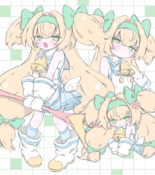 1girl :t absurdres anger_vein aqua_skirt aqua_socks bare_shoulders bell blazblue blonde_hair blue_trim blush_stickers boots bow buttons closed_mouth commentary_request fang gloves green_bow green_eyes green_hairband grid_background hair_bow hair_intakes hairband hand_on_own_chest heart heart-shaped_pupils highres holding holding_staff izumi_(yura_izumi) long_hair low-tied_long_hair low_wings mage_staff miniskirt multiple_hair_bows multiple_views neck_bell open_mouth pigeon-toed platinum_the_trinity quad_tails shirt skin_fang skirt sleeveless sleeveless_shirt socks staff symbol-shaped_pupils two_side_up very_long_hair white_boots white_gloves white_shirt wings