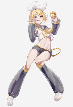1girl absurdres amatou_(amatou_atelier) aqua_eyes bare_shoulders black_shorts black_sleeves blonde_hair bow closed_mouth commentary cream_puff crop_top detached_sleeves flat_chest food food_on_face full_body groin hair_bow hair_ornament hairclip hands_up highres holding holding_food kagamine_rin leg_warmers looking_at_viewer midriff navel neckerchief sailor_collar shirt shoes short_hair short_shorts shorts sidelocks sleeveless sleeveless_shirt solo swept_bangs tongue tongue_out treble_clef vocaloid white_bow white_shirt white_shoes yellow_nails yellow_neckerchief
