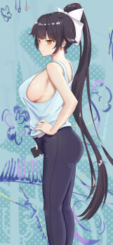 1girl absurdres alternate_costume ass azur_lane black_pants bow breasts brown_hair casual chinese_commentary commentary_request feet_out_of_frame from_side hair_bow hand_on_own_hip high_ponytail highres large_breasts long_hair orange_eyes pants ponytail ruan_dao shirt sideboob solo standing takao_(azur_lane) very_long_hair white_bow white_shirt