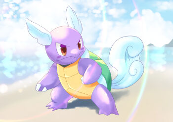 absurdres alternate_color animal_focus beach blue_sky blush_stickers brown_eyes claws commentary_request full_body gen_1_pokemon highres nintendo no_humans omega_takai outdoors pokemon pokemon_(creature) shiny_pokemon sky solo wartortle