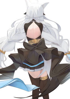 1girl absurdres ahoge animal_ear_fluff animal_ears back back_bow bow braid brown_bow brown_dress brown_thighhighs commentary_request dress fox_ears fox_girl fox_tail highres hololive long_hair low_twin_braids shirakami_fubuki sidelocks simple_background single_braid sliver_fox solo tail thighhighs twin_braids virtual_youtuber white_background white_hair zettai_ryouiki