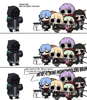 1other 5girls ambiguous_gender amoris_(bang_dream!) arknights ave_mujica_(bang_dream!) bang_dream! bang_dream!_it&#039;s_mygo!!!!! black_coat black_gloves black_hair blonde_hair blue_eyes blue_hair chibi closed_eyes coat commentary crossover doctor_(arknights) doloris_(bang_dream!) dress english_commentary english_text expressionless full_body gloves green_hair guitar hand_in_pocket hat highres holding holding_guitar holding_instrument holding_tablet_pc hood hood_up hooded_coat instrument long_hair long_sleeves misumi_uika miyan_(oceanmaiden) mortis_(bang_dream!) multiple_girls oblivionis_(bang_dream!) open_mouth red_hat sidelocks simple_background smile speech_bubble tablet_pc timoris_(bang_dream!) togawa_sakiko wakaba_mutsumi white_background yahata_umiri yuutenji_nyamu