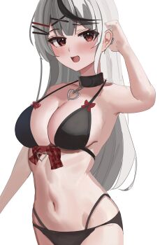 1girl :d absurdres arm_behind_head arm_up armpits bare_shoulders beach belt_collar bikini black_bikini black_choker black_collar blush bra breasts choker cleavage collar collarbone cowboy_shot highres hololive large_breasts long_hair looking_at_viewer multicolored_hair navel open_mouth presenting_armpit red_eyes sakamata_chloe sasasa11070 smile stomach swimsuit underwear upper_body virtual_youtuber white_hair