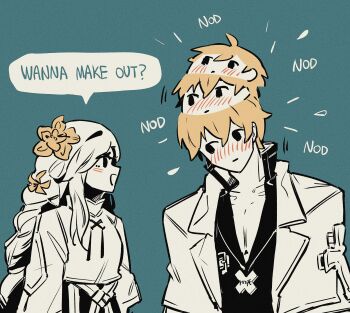 1boy 1girl blonde_hair blue_background blush braid braided_ponytail collarbone couple dizzy_(guilty_gear) english_text guilty_gear guilty_gear_strive highres husband_and_wife jacket jacket_on_shoulders ky_gwangin ky_kiske long_hair looking_at_another monochrome nodding queen_dizzy short_hair sidelocks simple_background swept_bangs v-neck white_jacket