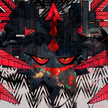 abstract colored_sclera commentary_request flutter_mane nintendo no_humans pokemon pokemon_(creature) pokemon_focus red_sclera solo straight-on yatagarasu_yugoro yellow_eyes