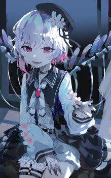 1girl absurdres bei_lun_bu_huale_y beret black_dress black_hat brooch cherry_blossoms chinese_commentary claws colored_extremities commentary_request cowboy_shot dress empty_eyes fang flower gradient_hair hat highres jewelry long_sleeves looking_at_viewer mahou_shoujo_no_majo_saiban multicolored_hair neck_ribbon o-ring o-ring_thigh_strap open_mouth pink_eyes ribbon sakuraba_ema shirt short_hair shorts sitting skeletal_wings smile solo spoilers thigh_strap white_flower white_hair white_ribbon white_shirt white_shorts window wings witch_(manosaba)