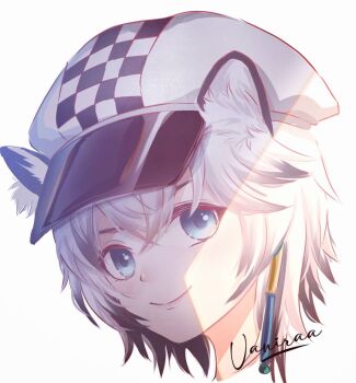 Rule 34 | 1girl, animal ear fluff, arknights, artist name, black streaks, blue eyes, checkered hat, cliffheart (arknights), closed mouth, commentary, cropped head, hair between eyes, hat, multicolored hair, short hair, simple background, smile, snow leopard ears, snow leopard girl, solo, streaked hair, vaniraaa, white background, white hat