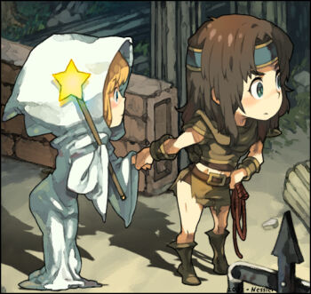 1boy 1girl bad_id bad_pixiv_id bracer castlevania_(series) castlevania_iii:_dracula's_curse chibi glowing headband hetero holding_hands hood hooded_robe nessie nessie_(kska) ralph_c_belmont robe standing sypha_belnades wand white_robe