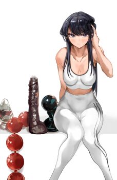 1girl absurdres adjusting_hair anal_beads black_eyes black_hair breasts butt_plug cameltoe cleavage dildo dildo_reveal female_masturbation highres komi-san_wa_komyushou_desu komi_shouko leggings long_hair looking_at_viewer mamimi_(mamamimi) masturbation medium_breasts sagging_breasts sex_toy sitting smile solo sports_bra stealth_masturbation tank_top too_many too_many_sex_toys white_background