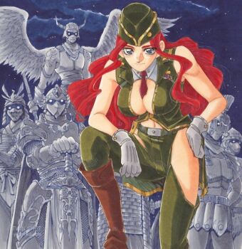 Rule 34 | 1girl, 6+boys, armor, armored skirt, artist name, belt, black belt, blue eyes, boots, breastplate, breasts, brown boots, closed mouth, clothing cutout, elbow rest, fake horns, feathered wings, garrison cap, gloves, glowing, glowing eyes, green hat, green jacket, green pants, hand on own hip, hat, helmet, horned helmet, horns, jacket, japanese armor, kabuto (helmet), large breasts, long hair, looking at viewer, mctcg yousei denshou, military, military uniform, multiple boys, navel, necktie, night, ochi yoshihiko, outdoors, pants, partially unbuttoned, plume, red hair, red necktie, ribbon bar, roman armor, short necktie, shrug (clothing), sleeveless, sleeveless jacket, sleeveless shrug, smile, standing, star (sky), sword, thigh cutout, traditional media, uneven footing, wavy hair, weapon, white gloves, white shrug, winged helmet, wings