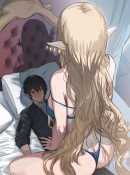 1boy 1girl artistic_error ass back bed bedroom black_hair black_jacket blonde_hair blue_bra blue_thong bra breasts collared_jacket earrings facing_away fleurdelys_(wuthering_waves) floating_earrings from_behind girl_on_top headboard hetero hews highres indoors jacket jewelry large_breasts long_hair lying male_rover_(wuthering_waves) no_horns on_back on_bed panties pointy_ears rover_(wuthering_waves) silhouette sitting sitting_on_person straddling strap_slip underwear very_long_hair wuthering_waves