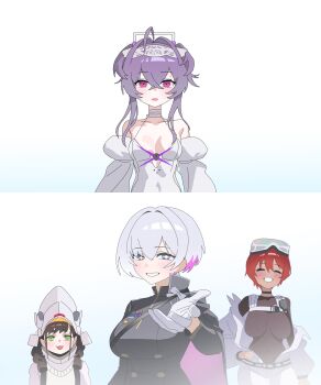 Rule 34 | 4girls, absurdres, ahoge, aiguillette, black choker, blue eyes, blush, bodystocking, braid, breasts, brown bodystocking, brown hair, chest harness, chime (nikke), choker, cleavage, cloak, covered collarbone, covered navel, dark-skinned female, dark skin, detached sleeves, dress, frills, gloves, goddess of victory: nikke, goggles, goggles on head, green eyes, hair intakes, hairband, hammering (nikke), harness, hat, helmet, highres, jacket, jumpsuit, large breasts, leotard, liberalio (nikke), liliweiss (nikke), long hair, long sleeves, looking at viewer, medium breasts, multicolored hair, multiple girls, open clothes, open jumpsuit, open mouth, outstretched arm, outstretched hand, pink hair, purple hair, purple trim, reaching, reaching towards viewer, red eyes, red hair, see-through bodystocking, shiny eyes, shirt, short hair, side cape, smile, spoilers, star-shaped pupils, star (symbol), symbol-shaped pupils, teeth, tight clothes, tight dress, trait connection, twin braids, two-tone cape, wge, white background, white cloak, white gloves, white hair, white jumpsuit, white leotard, white sleeves, yellow hat