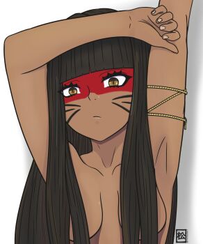 Rule 34 | 1girl, absurdres, armpits, arms up, artist name, black hair, blunt bangs, brazil, brchan, breasts, brown eyes, closed mouth, collarbone, commentary, dark-skinned female, dark skin, english commentary, expressionless, facepaint, facial mark, fingernails, frown, convenient hair, highres, hime cut, kuruminha, long hair, looking at viewer, matsudart, medium breasts, shadow, simple background, solo, straight-on, string, topless female, twitter username, upper body, very long hair, whisker markings, white background