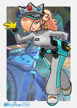 1girl alternate_costume black_gloves blonde_hair blue_eyes bodysuit brodtsumi clothes_around_waist earrings full_body gloves grey_bodysuit hair_over_one_eye highres jacket jacket_around_waist jewelry mario_(series) mario_kart mario_kart_world nintendo official_alternate_costume outline ponytail rosalina rosalina_(pro_racer) screenshot_background shoes signature star_(symbol) star_earrings white_outline white_shoes